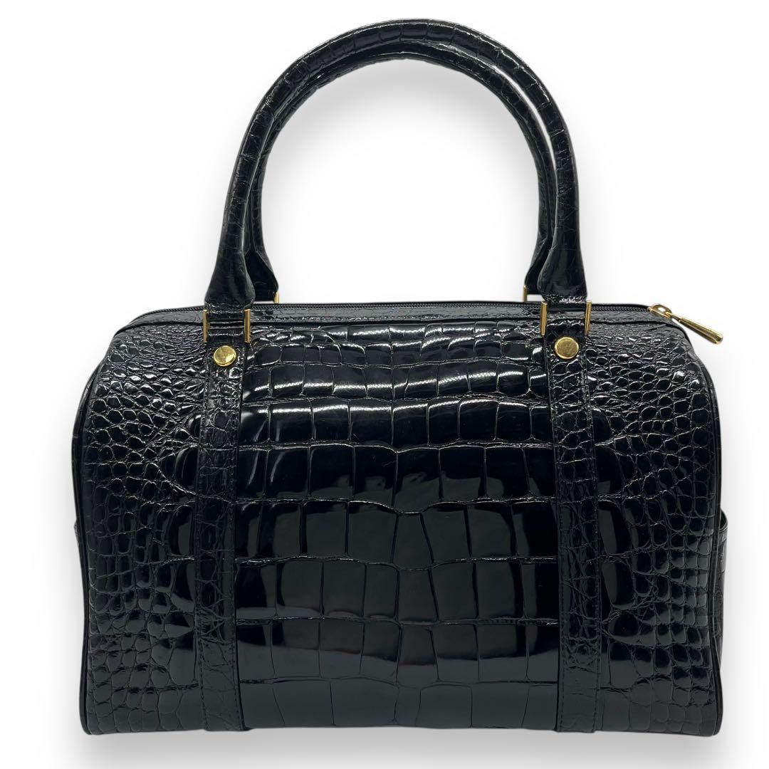 シャイニングクロコ 鰐革 センター取り ボストンバッグ ブラック 光沢加工