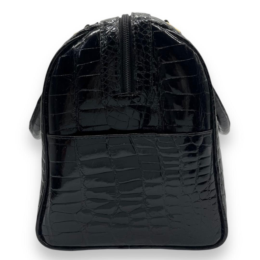 シャイニングクロコ 鰐革 センター取り ボストンバッグ ブラック 光沢加工