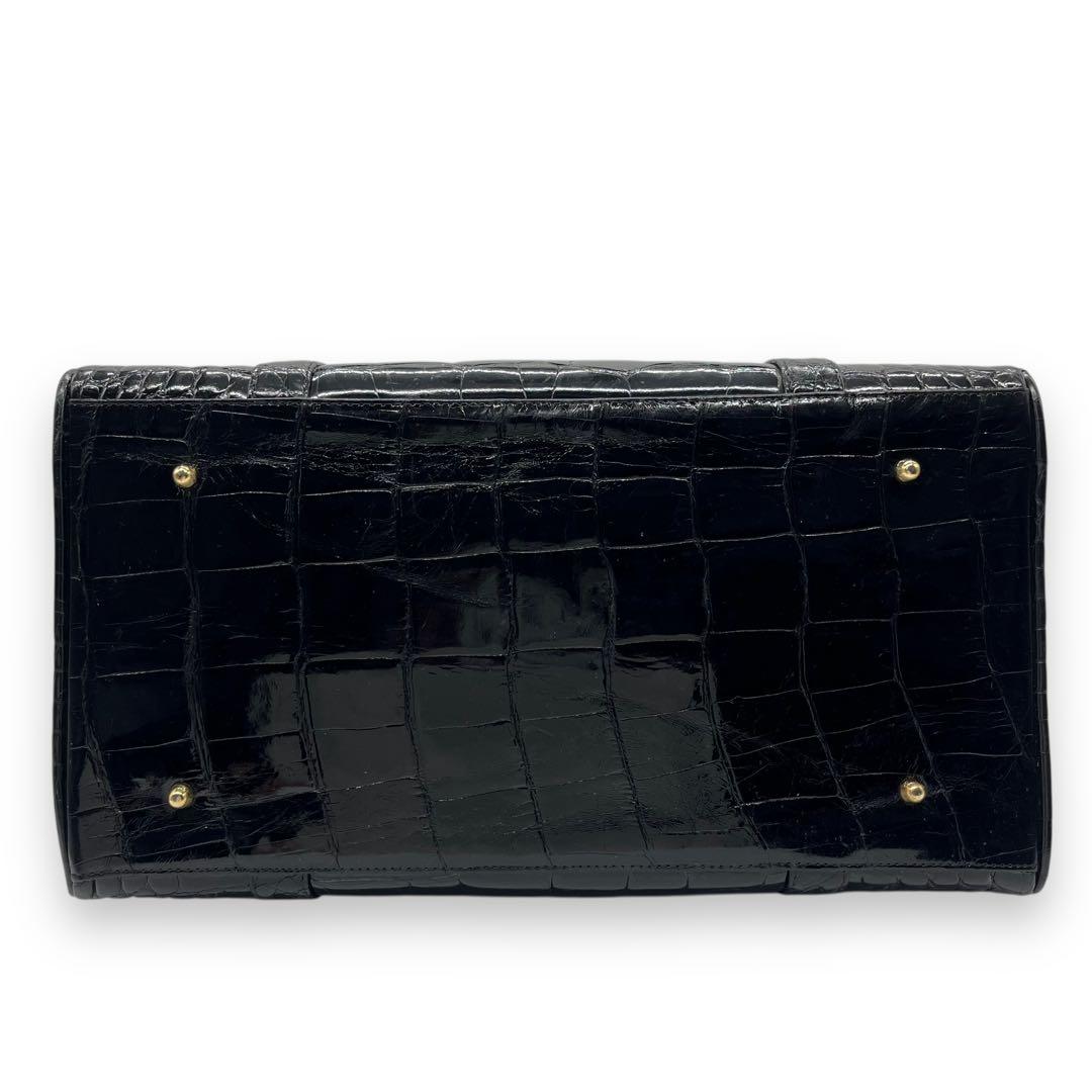 シャイニングクロコ 鰐革 センター取り ボストンバッグ ブラック 光沢加工