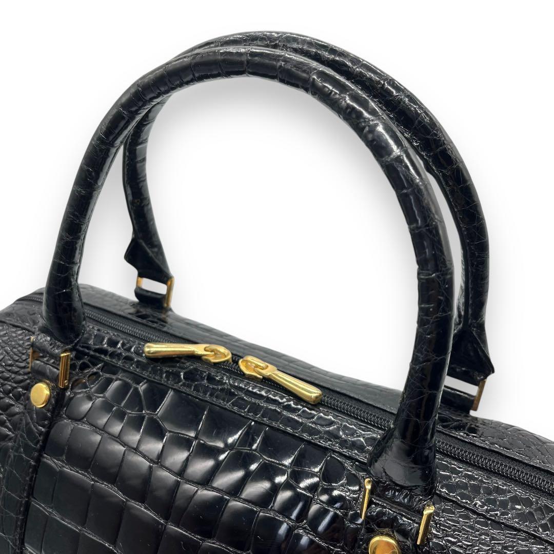 シャイニングクロコ 鰐革 センター取り ボストンバッグ ブラック 光沢加工