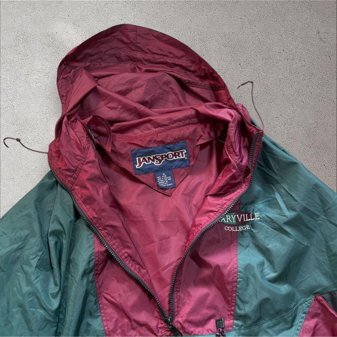 【N71】90s JANSPORTナイロンアノラックパーカーバーガンディ×深緑