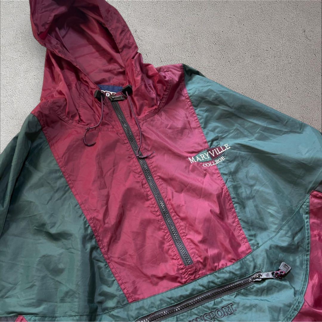 【N71】90s JANSPORTナイロンアノラックパーカーバーガンディ×深緑