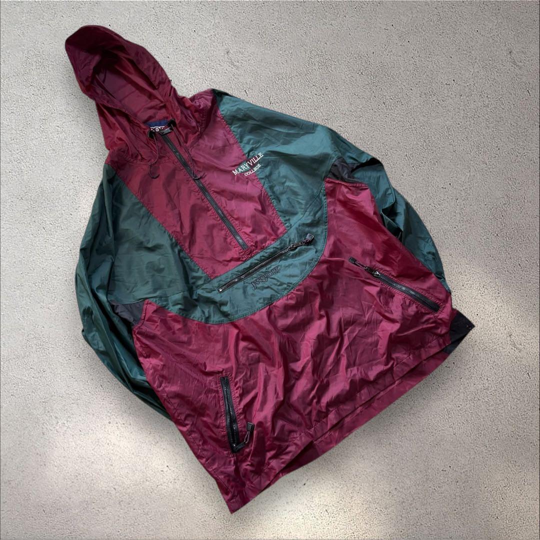 【N71】90s JANSPORTナイロンアノラックパーカーバーガンディ×深緑