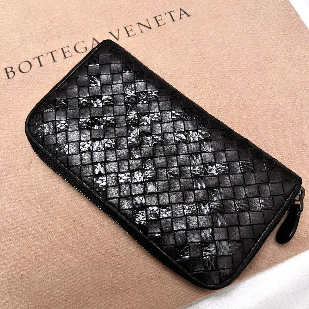 ◇レア美品◇ボッテガヴェネタ　パイソンミックス長財布　ラウンドジップ　ブラック