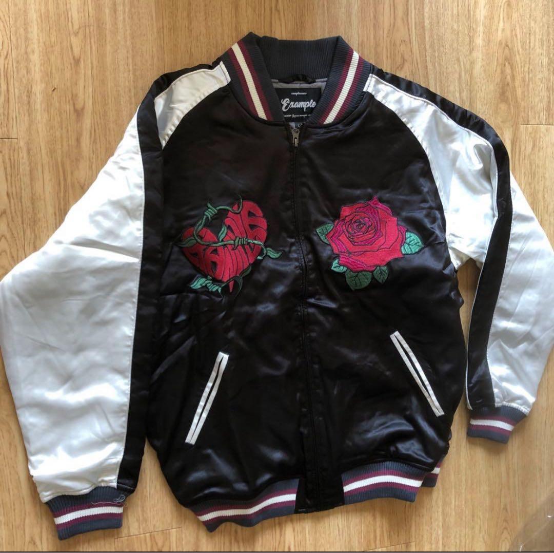 エグザンプル サテン生地 ハート・薔薇刺繍 スカジャン Lサイズ 紺