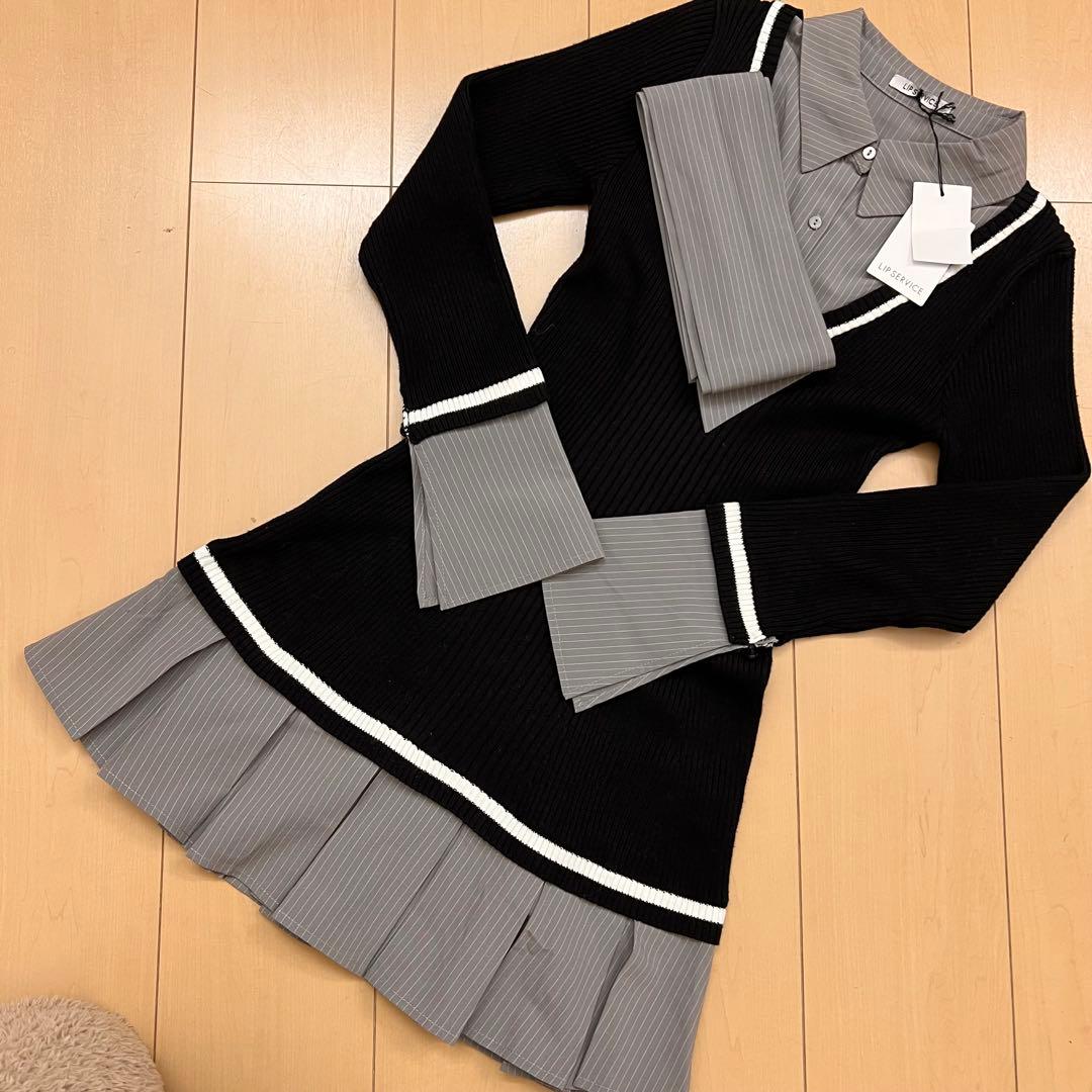 3新品リップサービス定価13750円シャツドッキングプリーツワンピース黒