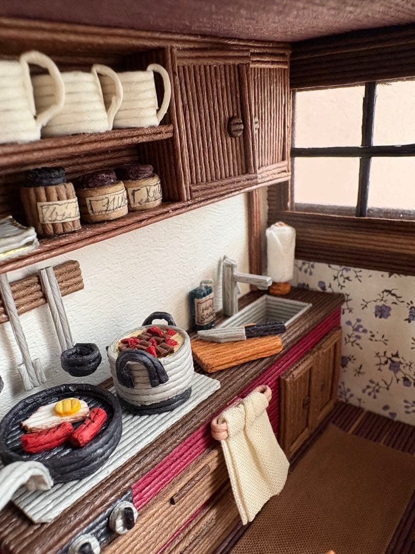 エコクラフト　紙バンド　ミニチュアダイニングキッチン