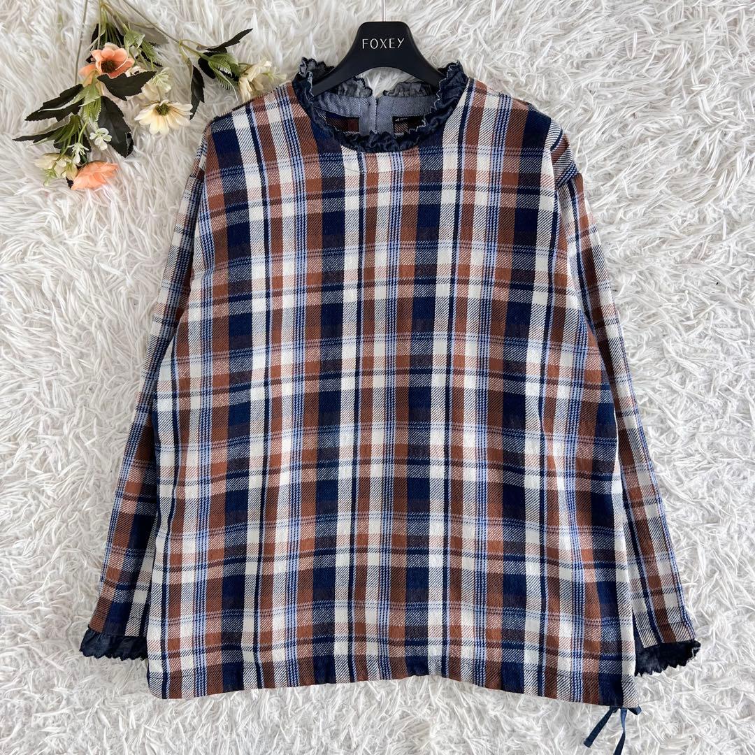 45R 藍 ざっくり ネル の フリル Tシャツ ブラウス