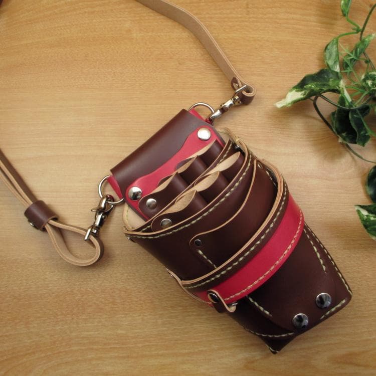 ブラウン＆レッド　６丁差し　革ベルト付　本革シザーケース　SCL-100/CBA