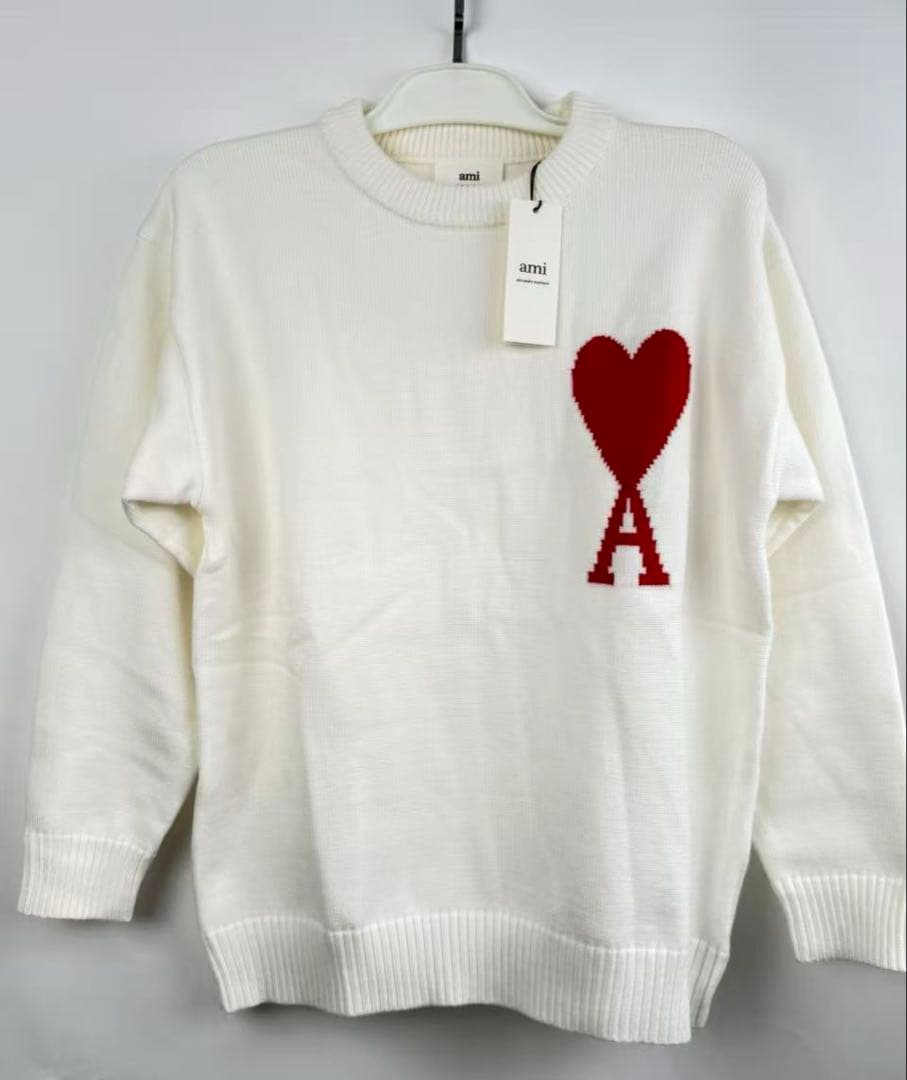 ami ホワイト ニットセーター 長袖 ハート刺繍