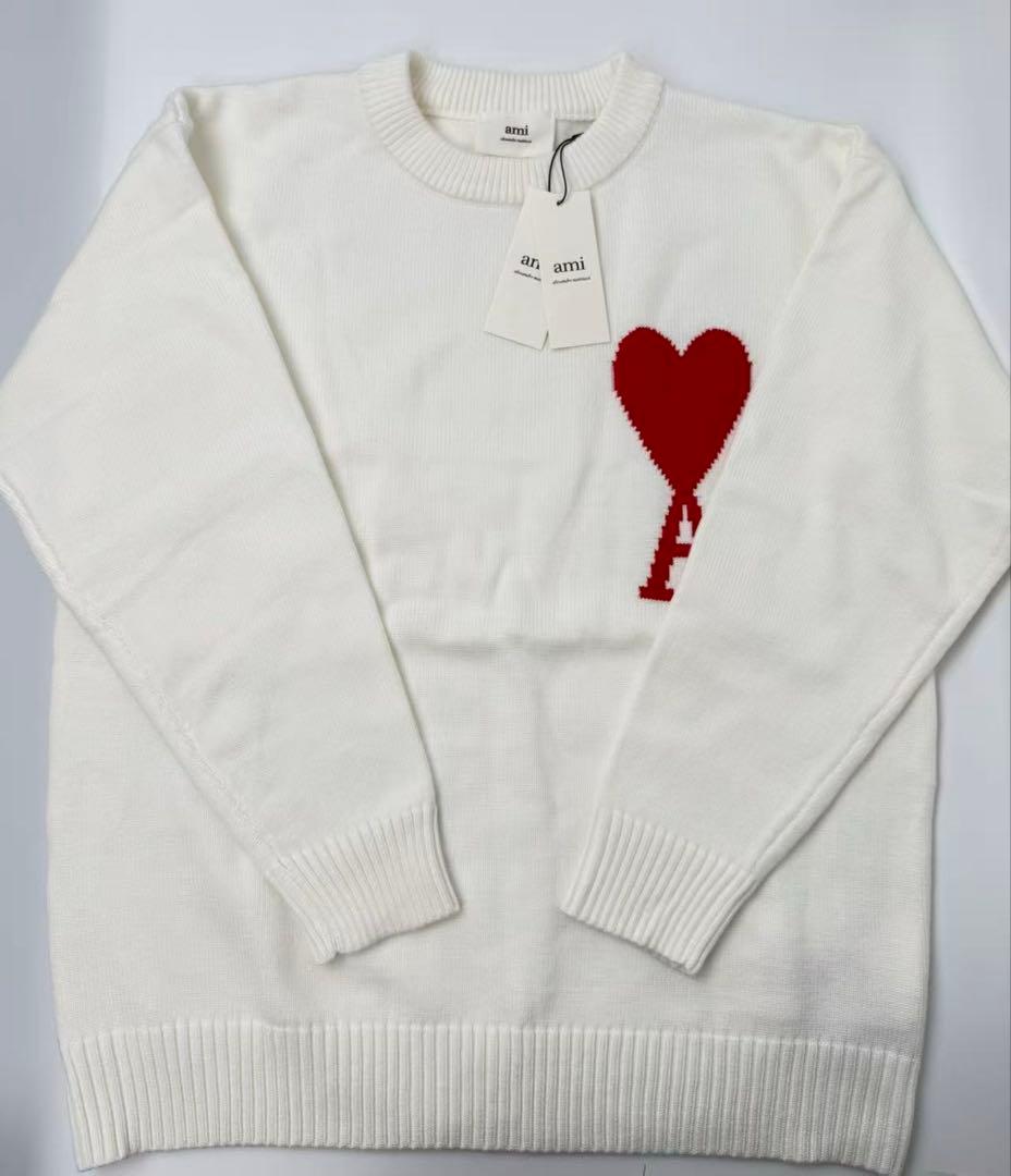 ami ホワイト ニットセーター 長袖 ハート刺繍