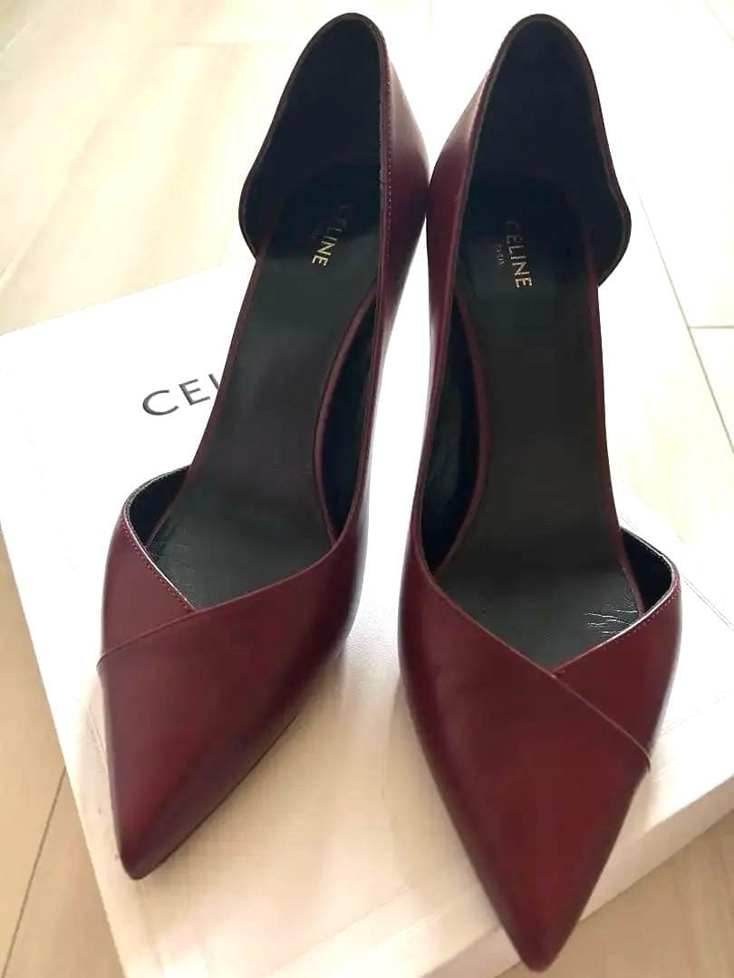 【新品未使用】CELINE パンプス ボルドー レザー Vカット 37 サイズ