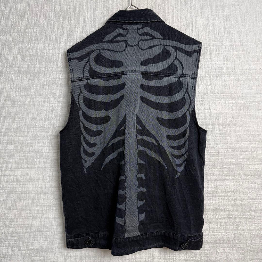100 RUDE ルード スカルボーン総柄デニムトラッカーベスト 墨黒