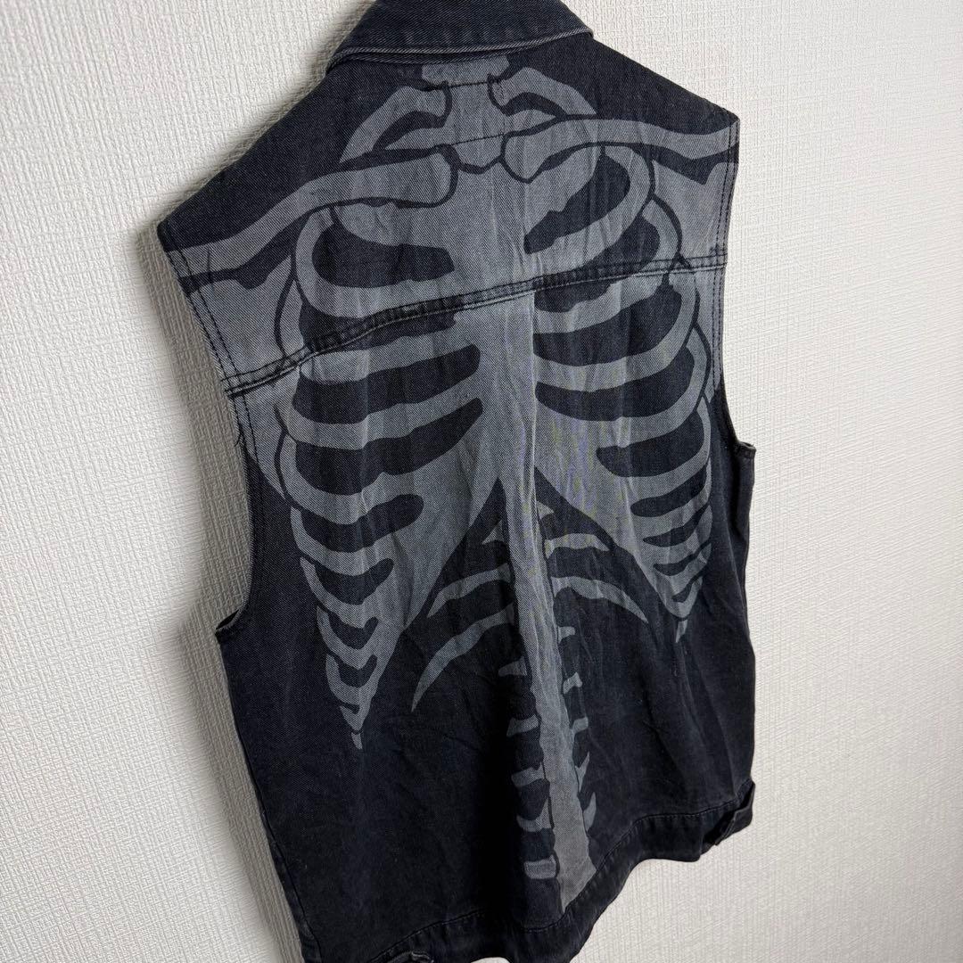 100 RUDE ルード スカルボーン総柄デニムトラッカーベスト 墨黒