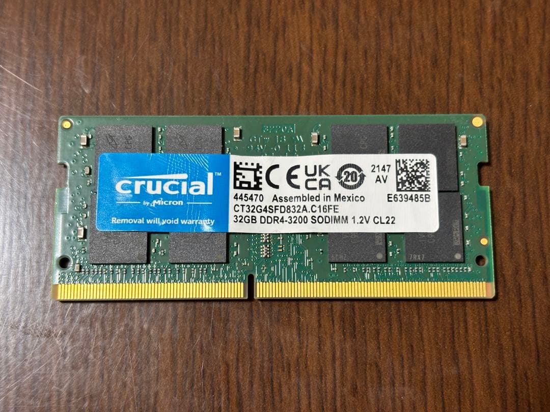 Crucial ノートPC用 DDR4-3200 32GBx1枚 動作確認済み