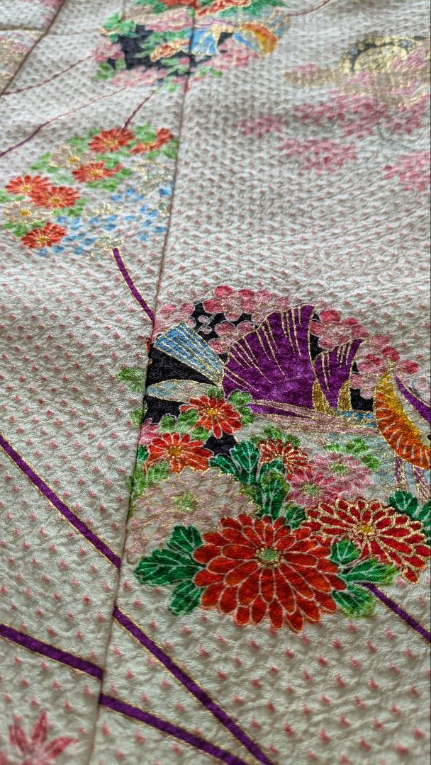 7歳　正絹絞り白ピンク鴛鴦　七五三　お着物・帯・筥迫セット