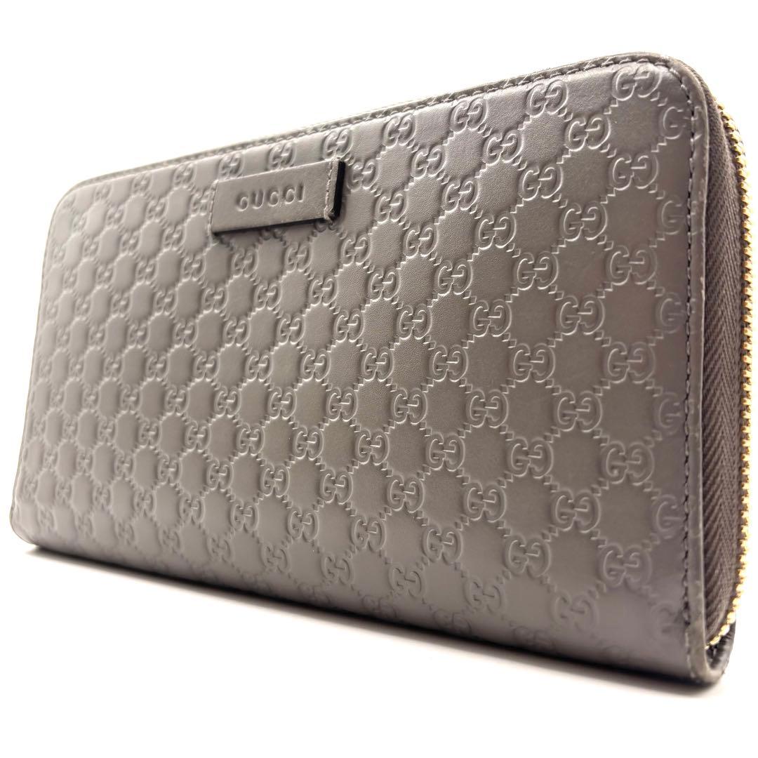 グッチ 長財布 マイクロシマ ラウンドファスナー グレー ロゴ