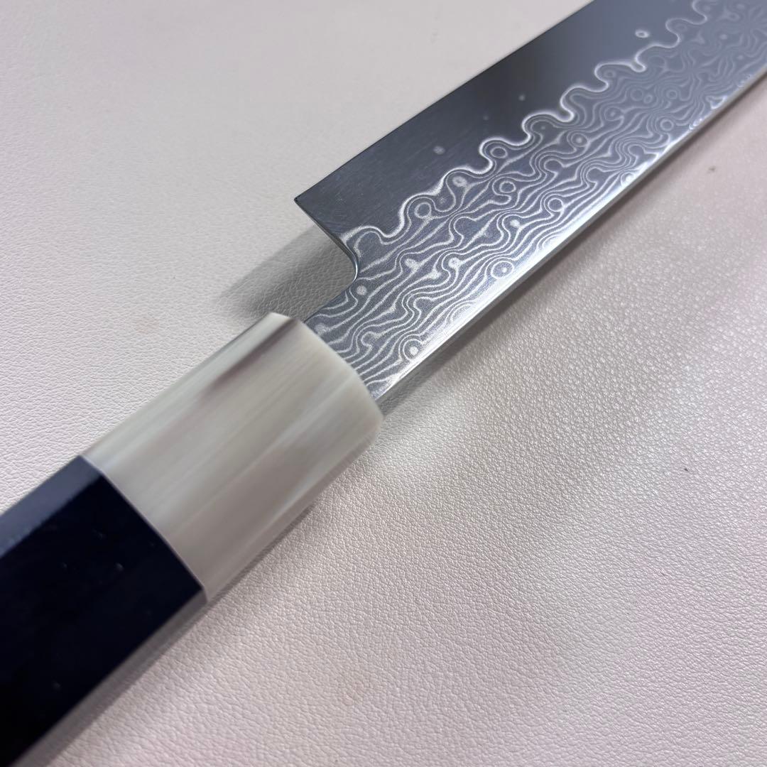 【鞘付き】尺300mm 墨流しダマスカス 柳刃包丁 黒檀本 牛八角柄刺身 和包丁