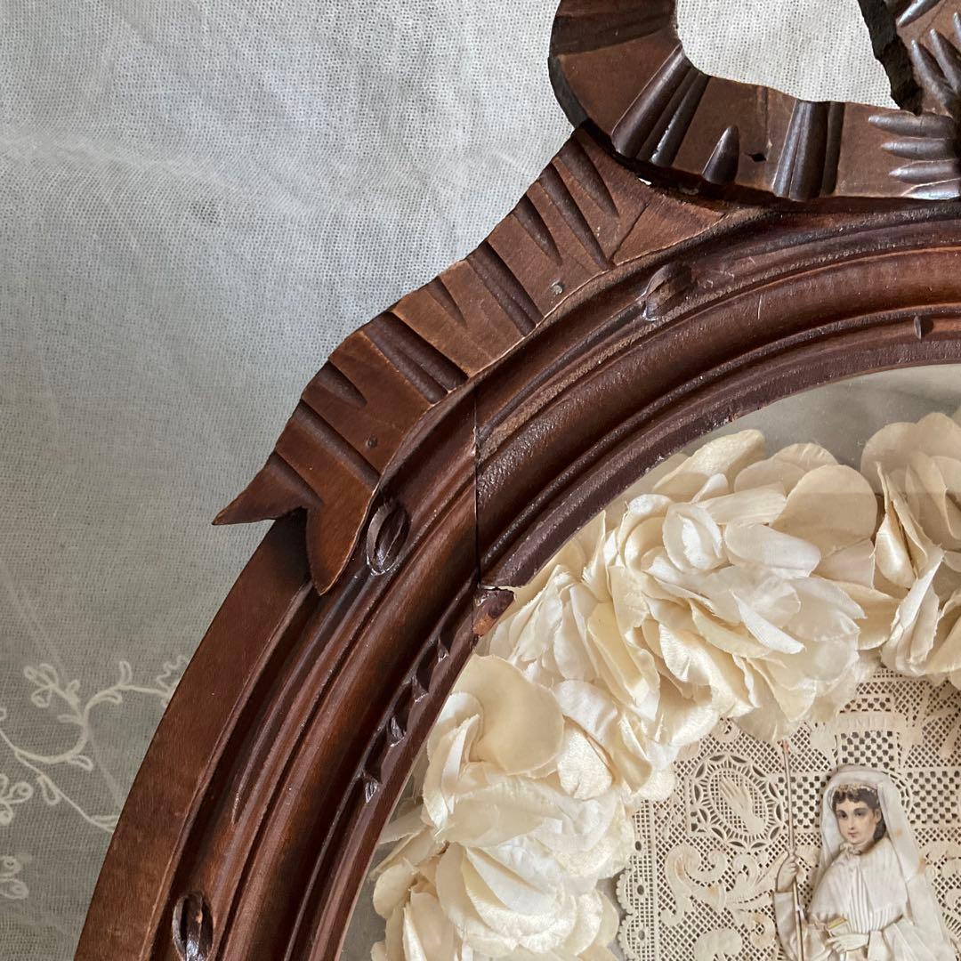 フランス　アンティーク　コミュニオン　布花　花冠　特大カニヴェ　リボン