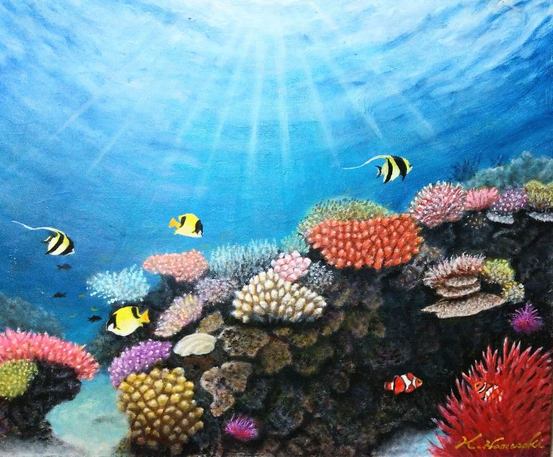 【POPON】「魚たちの海中公園」　海の中 油彩画 油絵 絵画