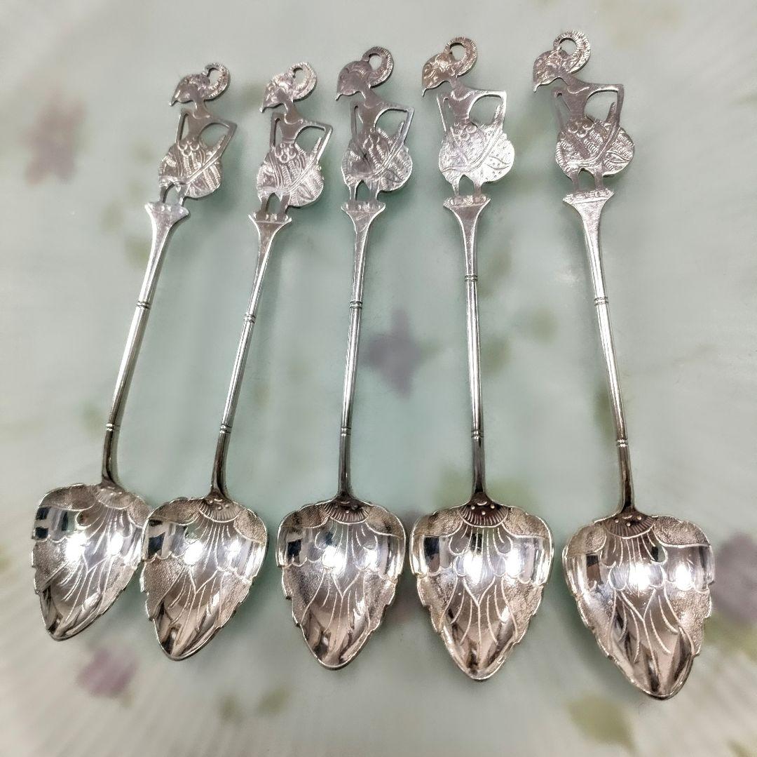 5698#1222　DELUXE/ヴィンテージインドネシア銀製800スプーン5本