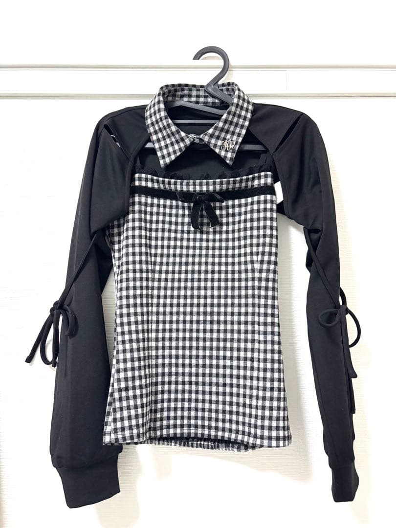 HONEY MEW ハニーミュウ リボンスリットギンガムアンサンブルトップス