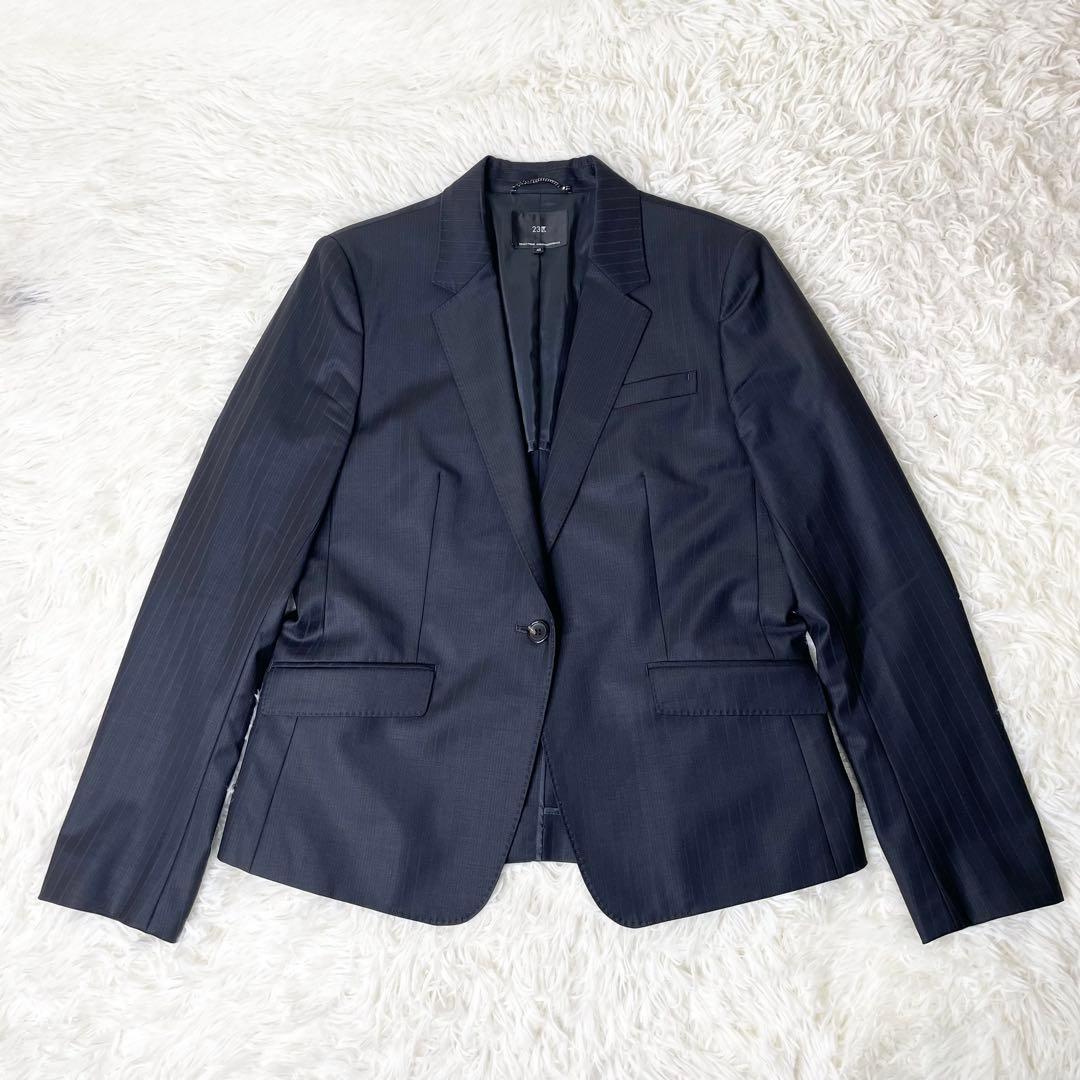 【新品】タグ付き 23区 パンツスーツ 紺ストライプ 上XL下L