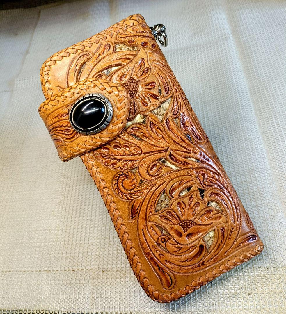 レザークラフト優 パイソン透かし カービング ライダースウォレット 長財布 本革