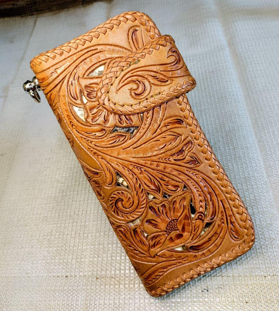 レザークラフト優 パイソン透かし カービング ライダースウォレット 長財布 本革