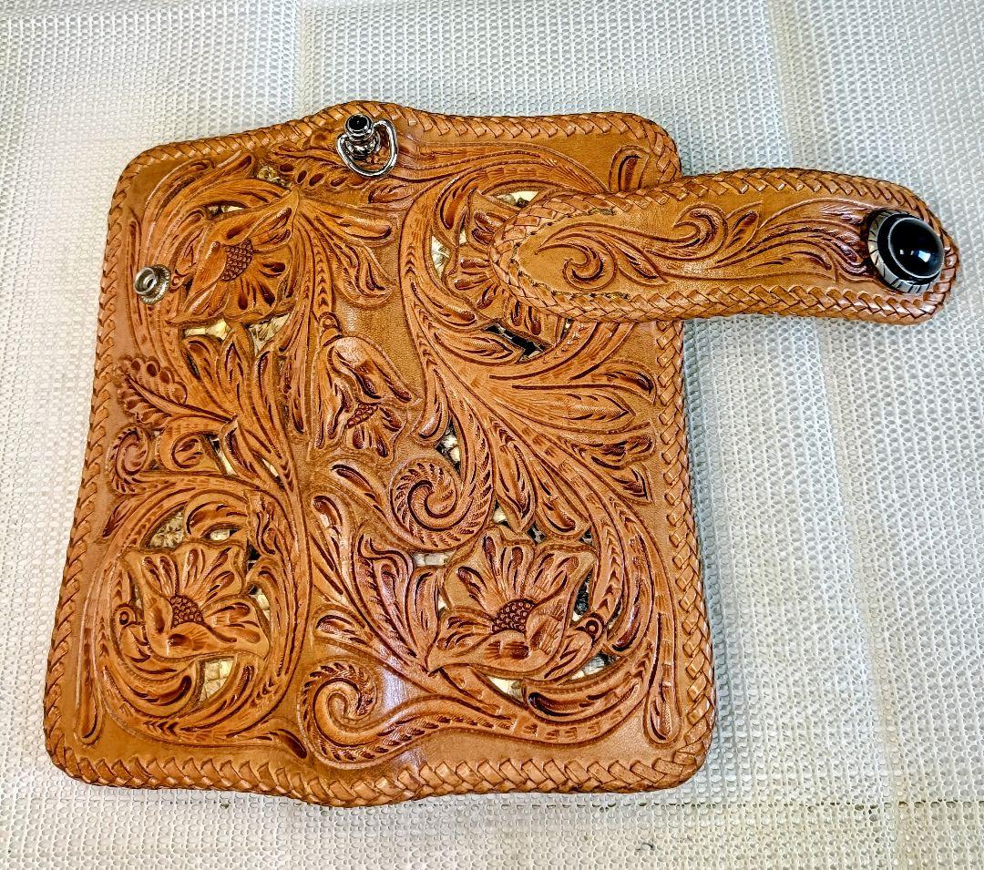レザークラフト優 パイソン透かし カービング ライダースウォレット 長財布 本革