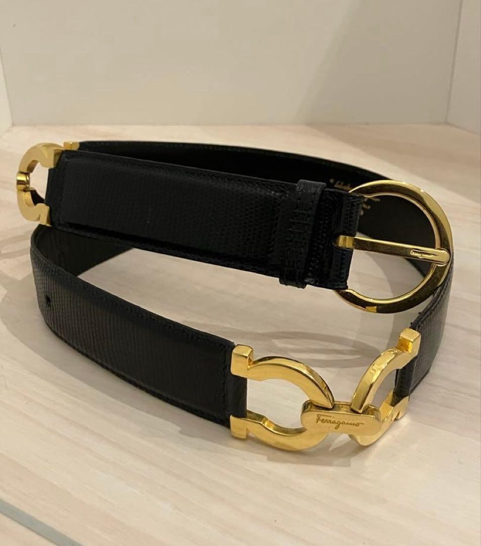 美品　サルヴァトーレ フェラガモ　ダブルガンチーニ　ベルト　リザード　ネイビー