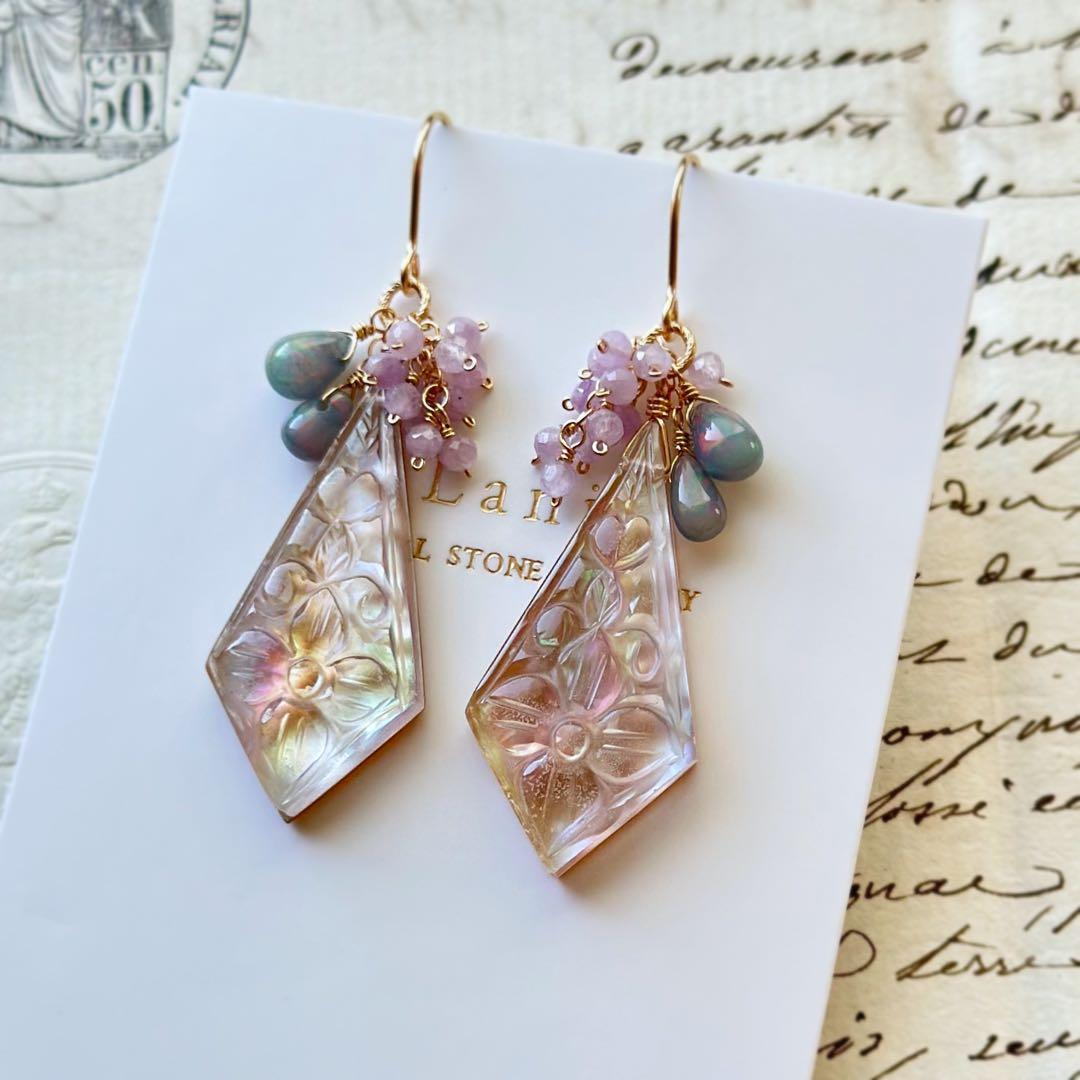 ブラウンシェル×水晶カービングピアス(イヤリング)