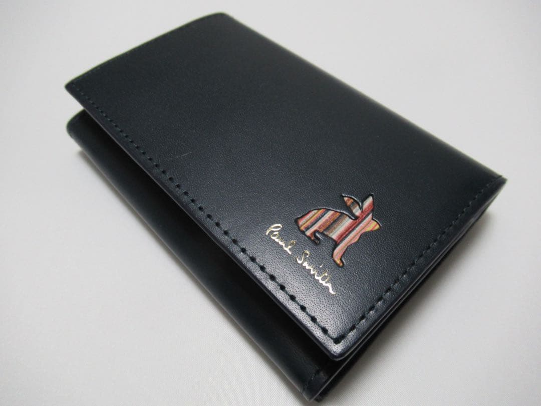 ポールスミス 新品！マーケトリーストライプラビット牛革名刺入れ カードケース 紺