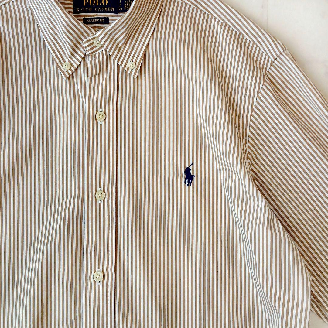 美品 ポロラルフローレン 現行 コットン ベージュストライプ ボタンダウンシャツ