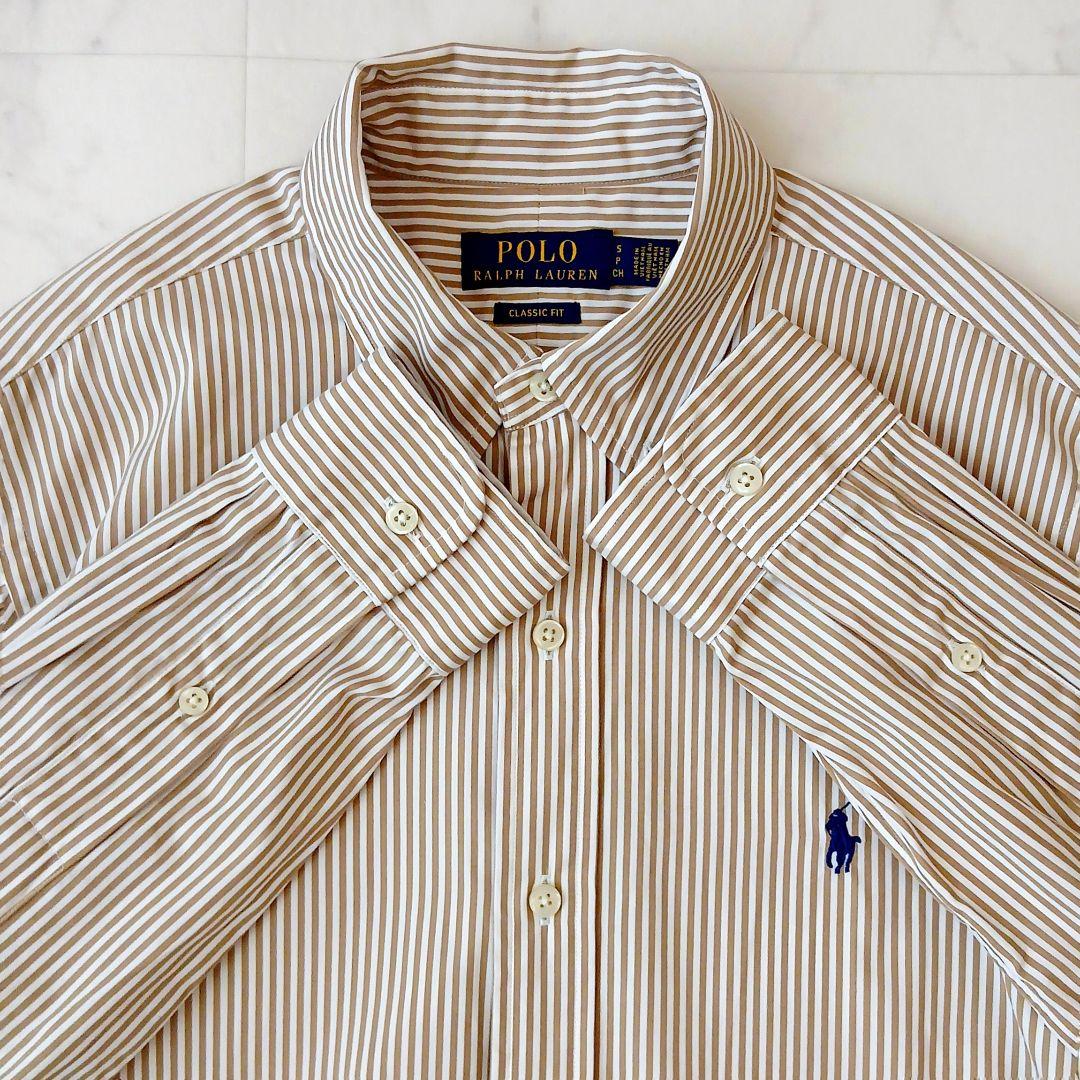 美品 ポロラルフローレン 現行 コットン ベージュストライプ ボタンダウンシャツ