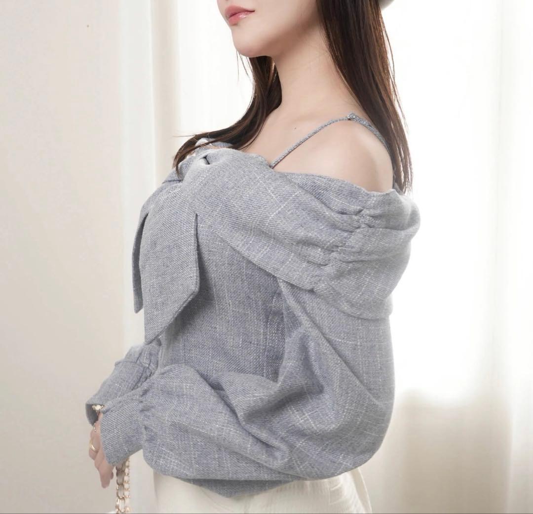 11新品リップサービス定価11990円リボンオフショルロングスリーブトップス青