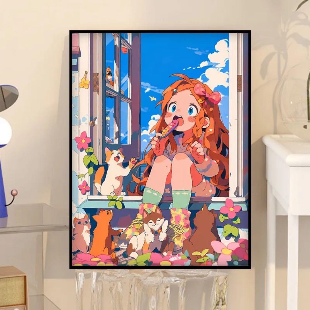 アニメ風イラスト 猫と女の子