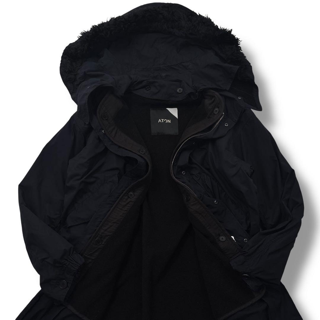 【高級】ATON エイトン　モッズコート　フード　ライナー　ファー　ネイビー