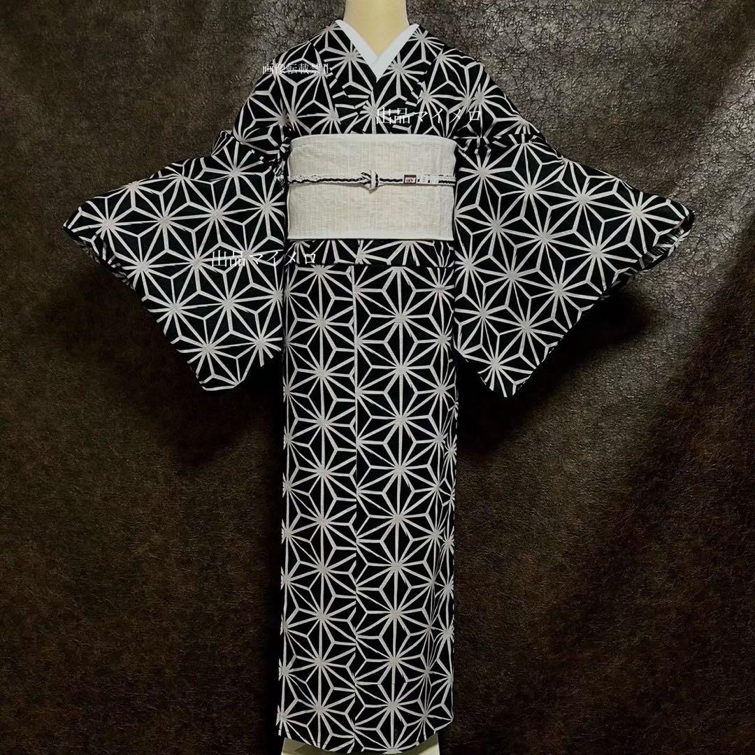 浴衣　綿麻　粋な夏着物　麻の葉柄　ブラック　麻帯　麻100% 2点　0624⑧