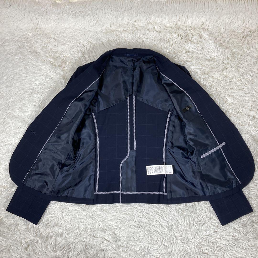 極美品スーツセレクト　3点セットアップスーツ　ネイビー　チェック　ウォッシャブル