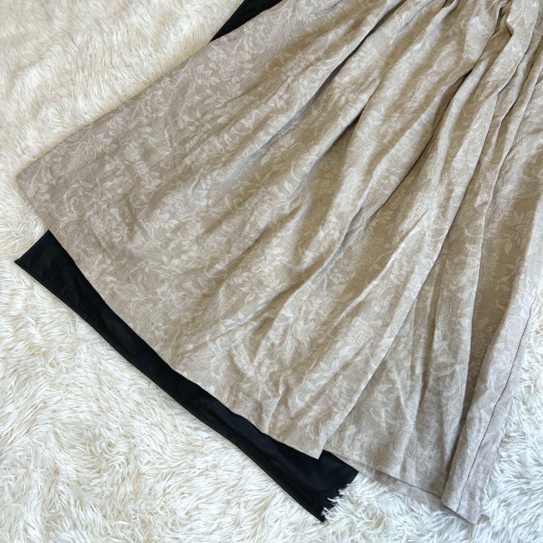 未使用✨かぐれ コットンリネンジャガードスカート フレア リネン 総柄 タック