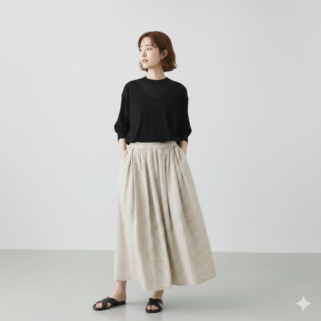 未使用✨かぐれ コットンリネンジャガードスカート フレア リネン 総柄 タック