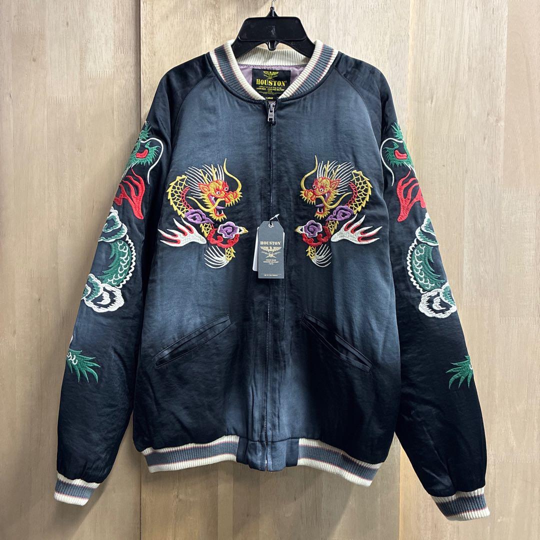 ヒューストン スカジャン マップ 地図柄 ヴィンテージ加工 ブラック 黒 XL