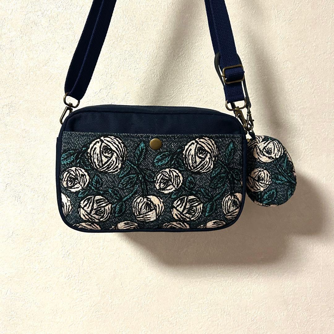 ミナペルホネン rosy(ネイビー&グリーン) ショルダーバック ミニポーチ付き