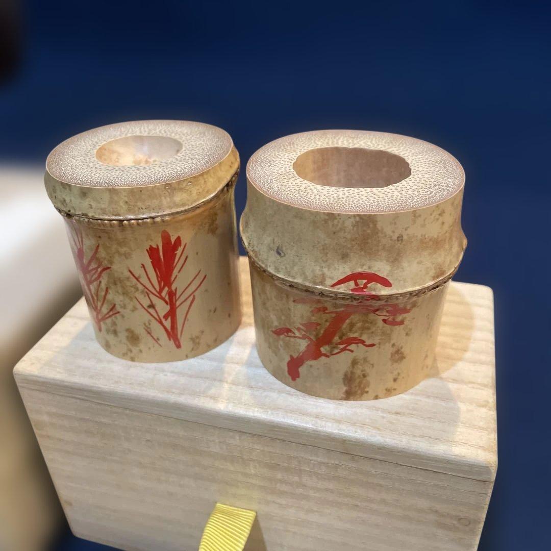 【竹田 益州】(和尚)花押・箱書『竹蓋置 一双』【高野 宗陵】(作)共箱※美品