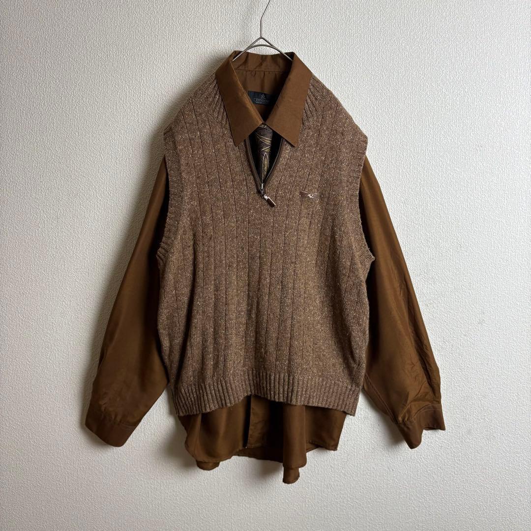 ネクタイシャツニットベスト　シルク　ペイズリー　ワッペン　襟切替　太アーム　古着