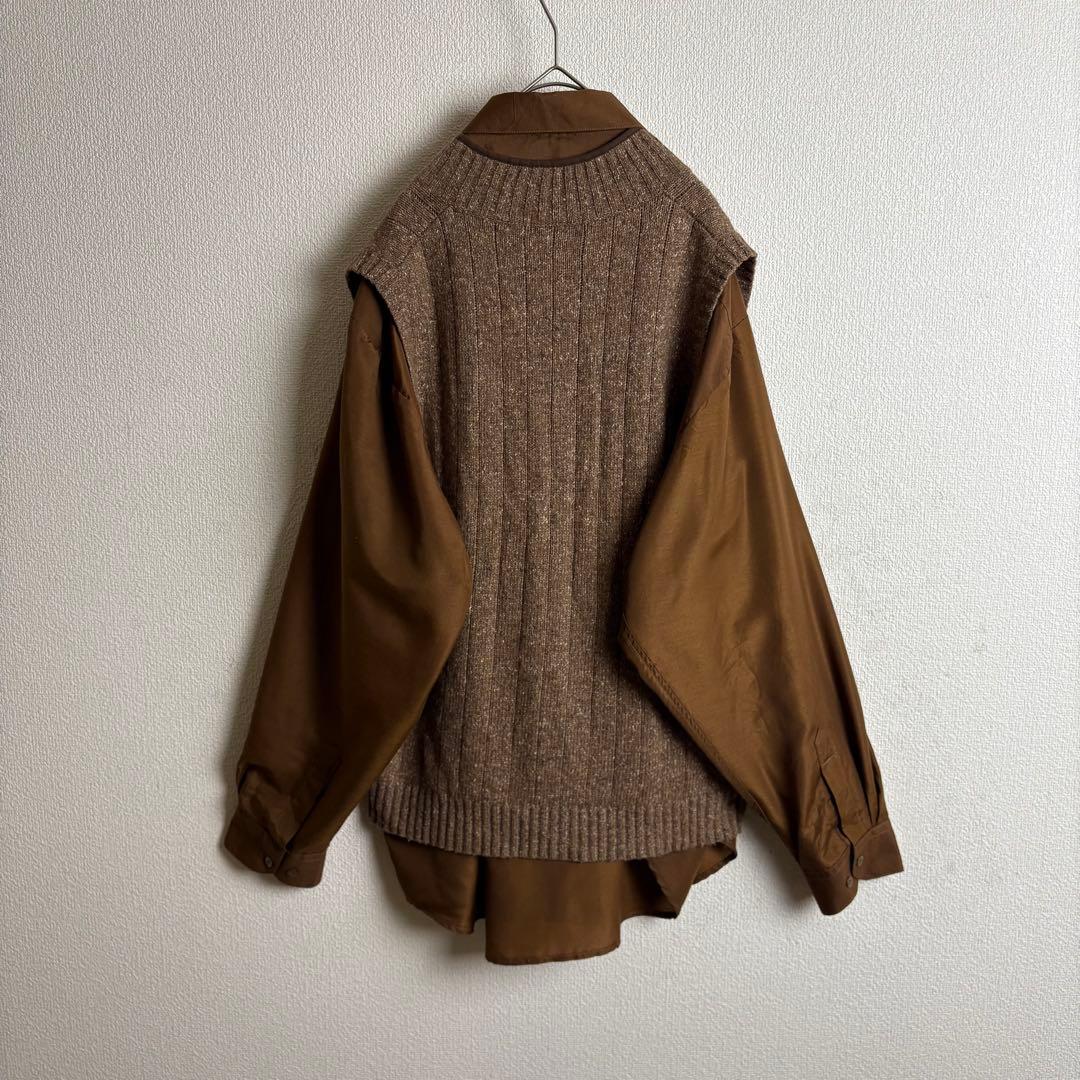 ネクタイシャツニットベスト　シルク　ペイズリー　ワッペン　襟切替　太アーム　古着