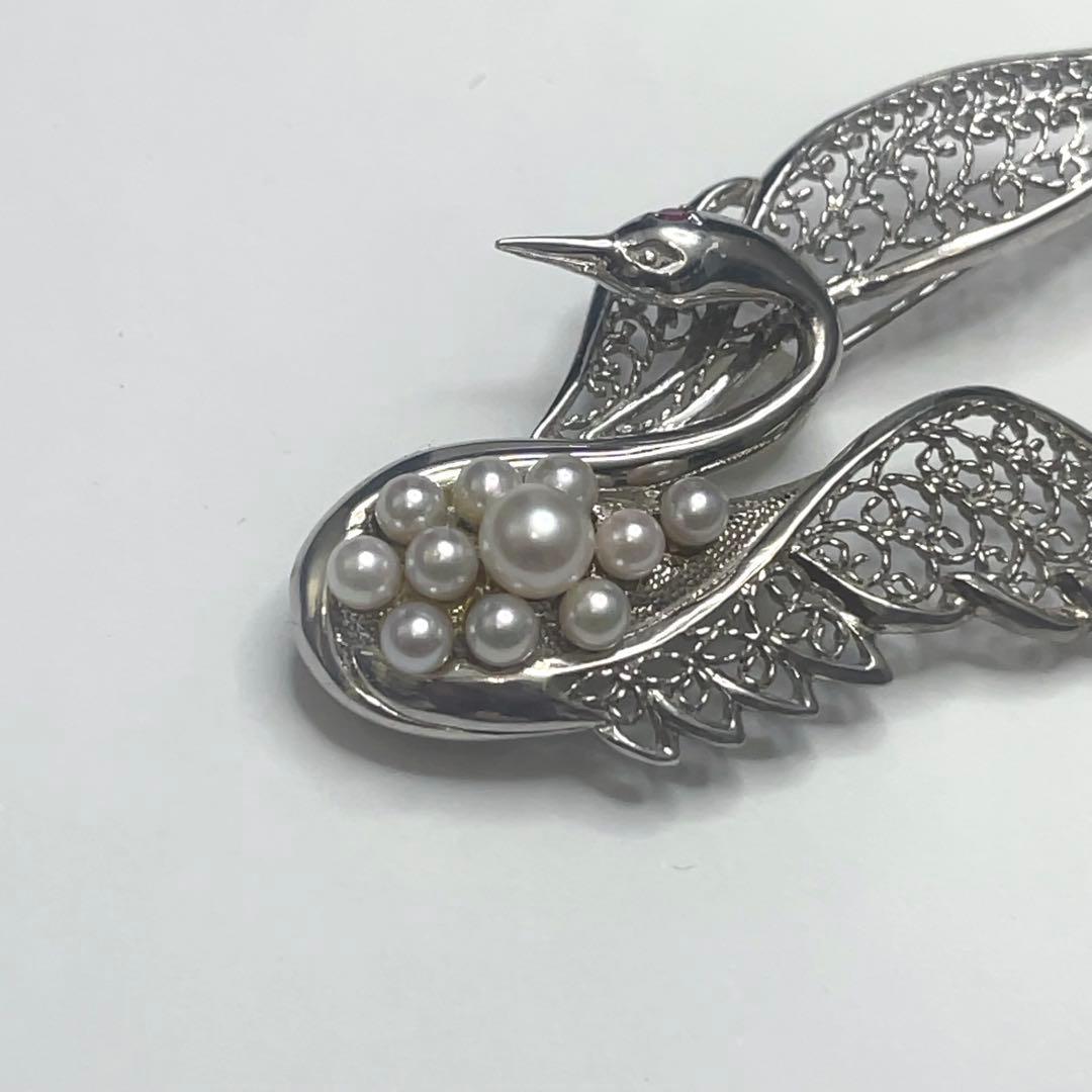 岩倉康二 銀製 白鳥ブローチ＆ペンダントトップ パール/ルビー付き 2way