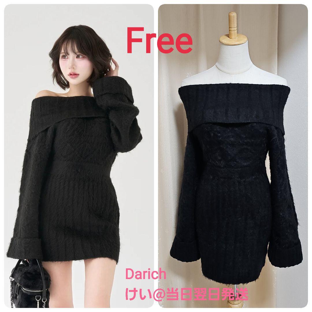 Darich ダーリッチ ヘアリーオフショルニットミニワンピース BLK 黒
