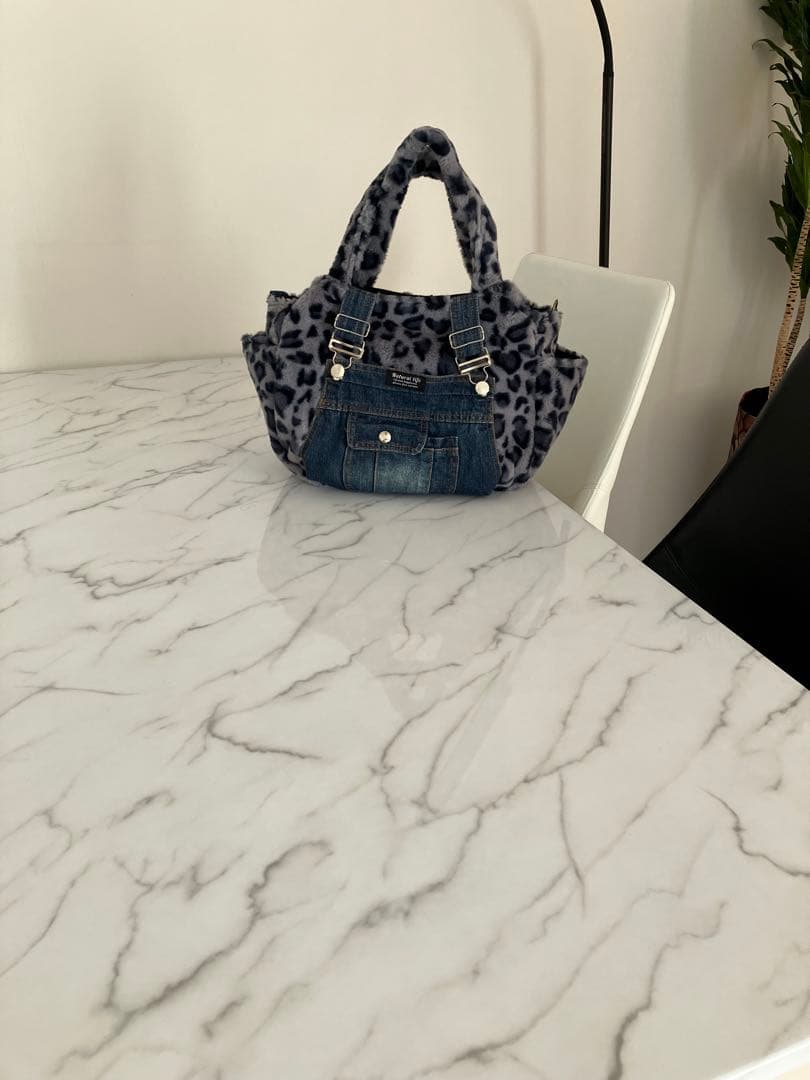 998 なしあめ　大きめヒョウ柄ふんわりデニムリメイクバック　2点